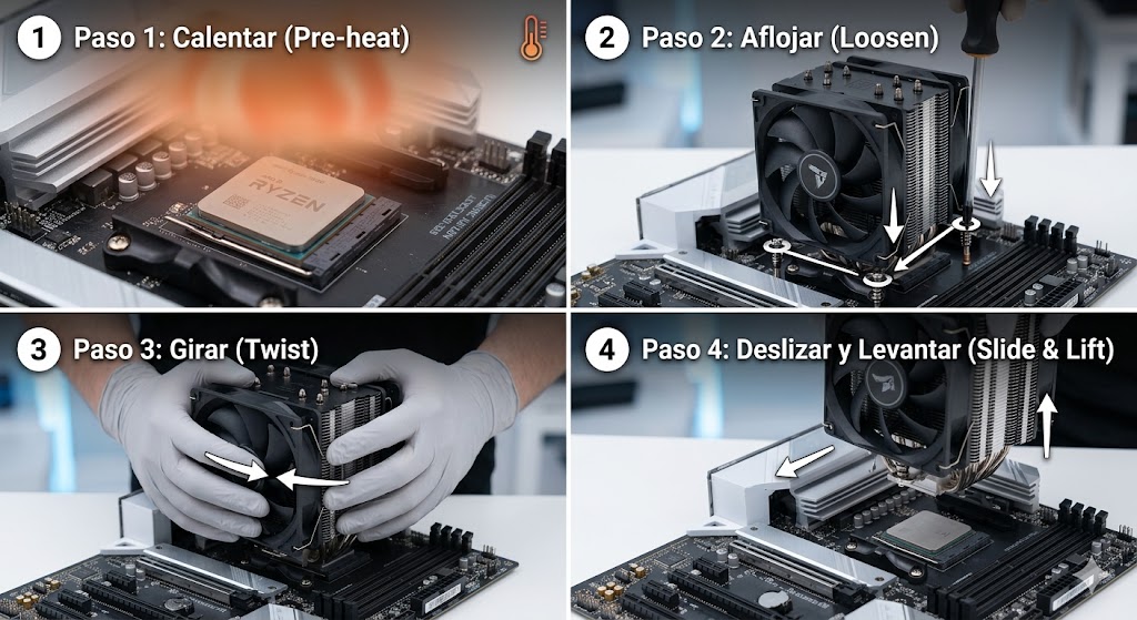 Infografía paso a paso para desmontar de forma segura el cooler de la CPU sin arrancar el procesador